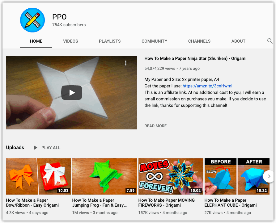 PPO Origami YouTube channel
